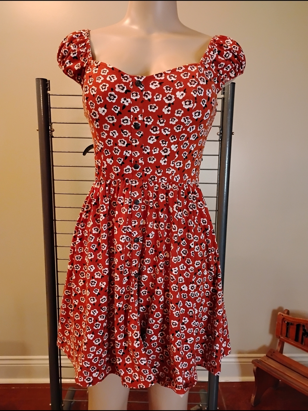 My Michelle Red Floral‎ Puff Sleeve Sweetheart Mini Dress Fit and Flare Womens